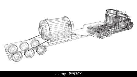 Niedrige Bett LKW-Anhänger. Abstrakte Zeichnung. Cargo Fahrzeug. Tracing Abbildung: 3d Stock Vektor