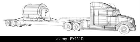 Niedrige Bett LKW-Anhänger. Abstrakte Zeichnung. Cargo Fahrzeug. Wire-Frame. EPS 10-Format. Vektor erstellt von 3d. Stock Vektor