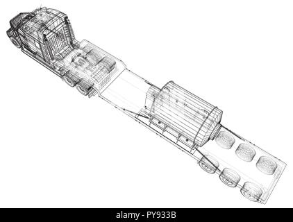 Niedrige Bett LKW-Anhänger. Abstrakte Zeichnung. Cargo Fahrzeug. Tracing Abbildung: 3d Stock Vektor