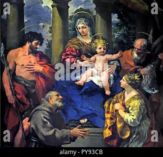 Madonna mit Kind und Heiligen Johannes der Täufer, Felix von Cantalice, Andreas und Katharina 1629 - 1630 von Pietro da Cortona (Pietro Berrettini) aus dem 17. Jahrhundert, Italien, Italienisch. Stockfoto