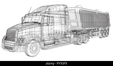 Lkw mit Anhänger Vektor. Auf weiß isoliert. Fahrzeug mockup. Erstellt Abbildung der 3d. Wire-Frame Stock Vektor