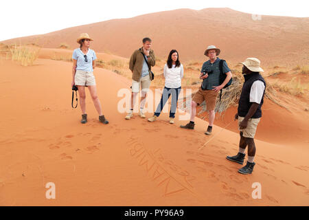 Namibia tour guide und touristische Gruppe auf eine geführte Tour der Namibia Wüste, die Namib Naukluft National Park, Namibia, Afrika Stockfoto