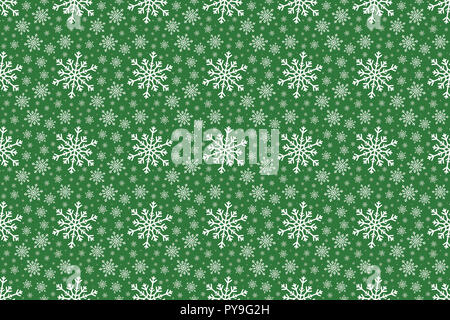 Weiße Schneeflocke nahtlose Muster auf einem grünen Hintergrund. Weihnachten und Winter Design mit unterschiedlich großen Schneeflocken. Stockfoto