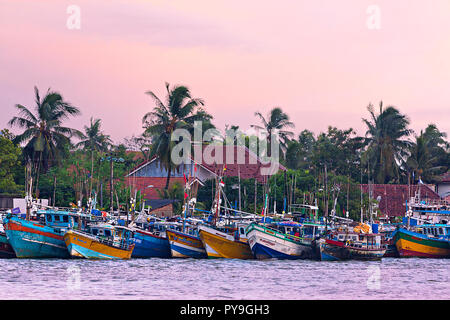 Bunte Fischerboote im Sunrise in Hikkaduwa, Sri Lanka. Stockfoto