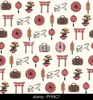 Hand gezeichnet Vektor Reisen nach Asien Seamless Pattern mit orientalischen Elementen: Schirme, Flugzeuge, Koffer, Münzen, Laternen, Bonsai und Torii-tor Stock Vektor