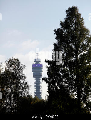 Die British Telecom Tower ist zwischen den Bäumen im Regent's Park in London, Großbritannien, 25. Oktober 2018 gesehen. Stockfoto