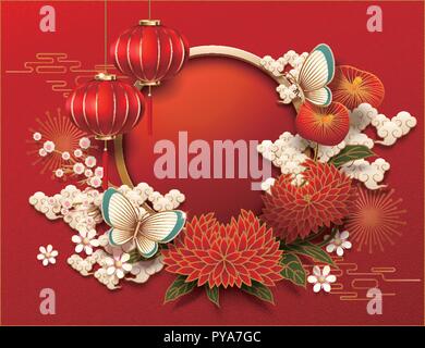 Leer Chinesisches neues Jahr Hintergrund, Pfingstrose und roten Laternen Dekorationen Stock Vektor