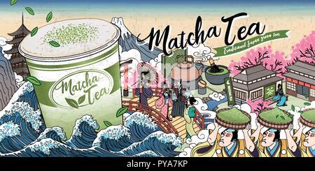 Ukiyo-e Matcha Tee ads mit giant Takeaway cup Floating auf Ocean Tides, Kaffee Wort in Kanji geschrieben Stock Vektor