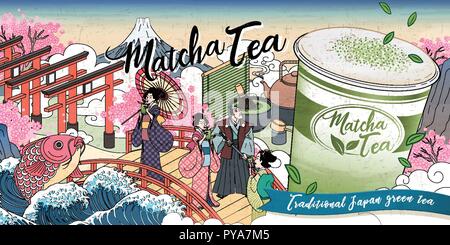 Ukiyo-e Matcha Tee ads mit Giant takeaway Schale auf Straße, Japanisch Retro-Stil Stock Vektor