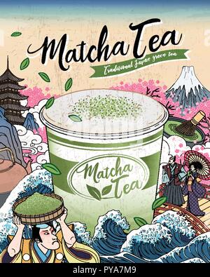 Ukiyo-e Matcha Tee ads mit giant Takeaway cup Floating auf Ocean Tides, Japanisch vintage Kunst Stock Vektor