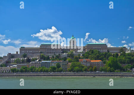 Budapest, die Hauptstadt Ungarns, ist durch die Donau halbiert. Die aus dem 19. Jahrhundert Chain Bridge verbindet das hügelige Buda Bezirk mit flachen Pest. Stockfoto