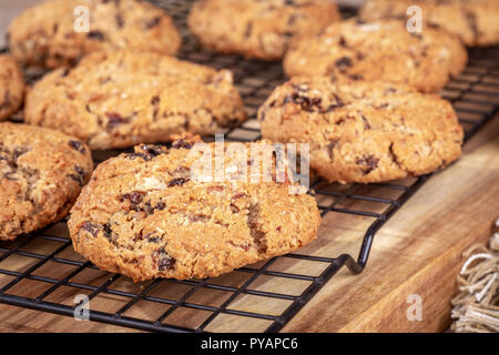 Nahaufnahme von rosine Pecan oatmeal Cookies auf eine Kühlung Rack Stockfoto