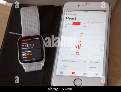 Ein Apple Serie 4 Uhr zu einem iPhone zeigen Herz Daten verbunden. Stockfoto