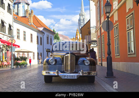 Budapest, die Hauptstadt Ungarns, ist durch die Donau halbiert. Die aus dem 19. Jahrhundert Chain Bridge verbindet das hügelige Buda Bezirk mit flachen Pest. Stockfoto