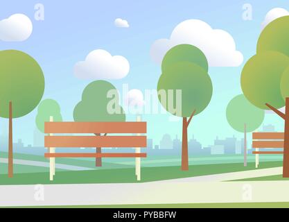 Städtische Park mit Bänken und City Skyline im Hintergrund, helle Konzept Abbildung Stock Vektor