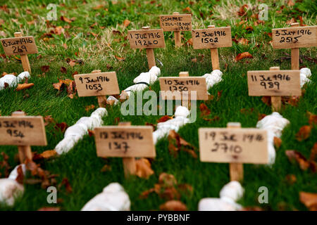 Eine temporäre Kunst Installation zu Thiepval. "Leben", die der Künstler Rob gehört - Kennzeichnung, die Zahl der Verkehrstoten auf jeden Tag des Ersten Weltkrieges. Stockfoto