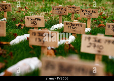 Eine temporäre Kunst Installation zu Thiepval. "Leben", die der Künstler Rob gehört - Kennzeichnung, die Zahl der Verkehrstoten auf jeden Tag des Ersten Weltkrieges. Stockfoto