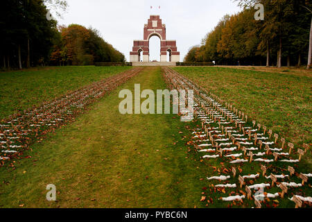 Eine temporäre Kunst Installation zu Thiepval. "Leben", die der Künstler Rob gehört - Kennzeichnung, die Zahl der Verkehrstoten auf jeden Tag des Ersten Weltkrieges. Stockfoto