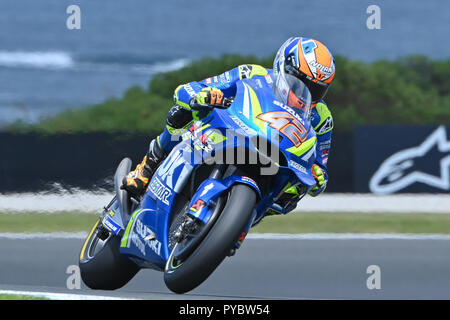 Melbourne, Australien. 27. Oktober 2018: Alex Rins (SPA) auf der Nr. 42 Suzuki von Team Suzuki Ecstar während der Praxis Sitzung drei an der MotoGP 2018 von Australien auf Phillip Island Grand Prix Circuit, Victoria, Australien. Sydney Low/Cal Sport Media Credit: Cal Sport Media/Alamy leben Nachrichten Stockfoto