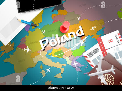 Polen Travel Concept Map Hintergrund mit Flugzeugen, Tickets. Besuchen sie Polen Reisen und Tourismus Ziel Konzept. Polen Flagge auf der Karte. Flugzeugen und Flügen Stockfoto