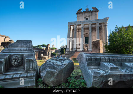 Blick über das Forum Romanum zum Tempel des Antoninus und der Faustina, jetzt die Kirche von San Lorenzo in Miranda, Forum Romanum, Rom, Italien. Stockfoto