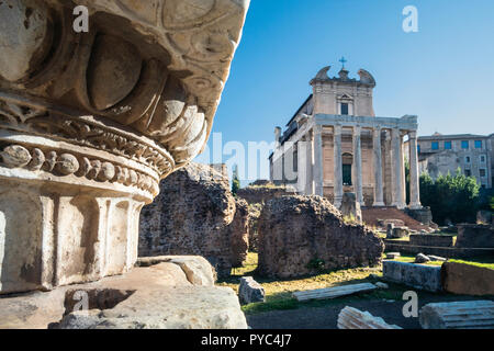 Blick über das Forum Romanum zum Tempel des Antoninus und der Faustina, jetzt die Kirche von San Lorenzo in Miranda, Forum Romanum, Rom, Italien. Stockfoto