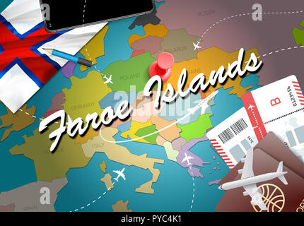 Färöer Travel Concept Map Hintergrund mit Flugzeugen, Tickets. Besuchen Färöer Inseln Reisen und Tourismus Ziel Konzept. Färöer Inseln Flagge auf Ma Stockfoto