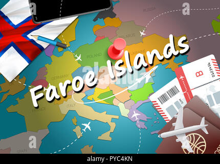 Färöer Travel Concept Map Hintergrund mit Flugzeugen, Tickets. Besuchen Färöer Inseln Reisen und Tourismus Ziel Konzept. Färöer Inseln Flagge auf Ma Stockfoto