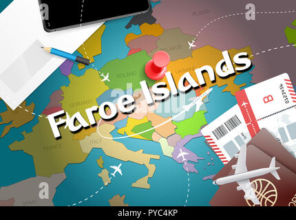 Färöer Travel Concept Map Hintergrund mit Flugzeugen, Tickets. Besuchen Färöer Inseln Reisen und Tourismus Ziel Konzept. Färöer Inseln Flagge auf Ma Stockfoto