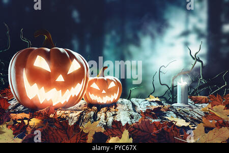 Halloween Kürbisse in einem Wald mit Bäumen, 3D-Rendering illustration Stockfoto