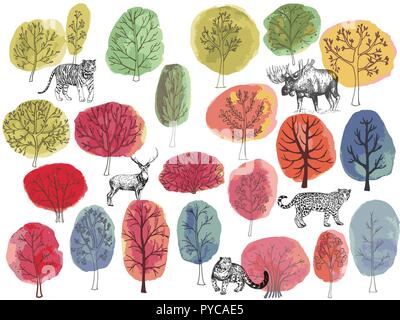 Satz von Hand gezeichnete Skizze Stil Tiere und farbenfrohe Bäume auf weißem Hintergrund. Vector Illustration. Stock Vektor