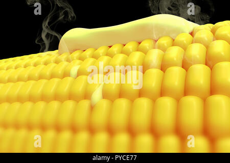 3D-Rendering für eine Nahaufnahme von einem heißen Mais mit zerlassener Butter Stockfoto
