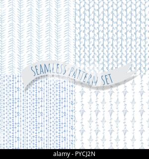 Ausschreibung blau nahtlose Muster Kollektion. Hand gezeichnet Vektor doodle Hintergründe gesetzt. Stock Vektor