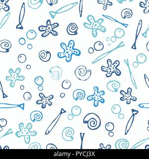 Blau Unterwasserwelt nahtlose Muster. Hand Fischen und Muscheln auf weißem Hintergrund dargestellt. Blau funky kitsch Muster für Ihr Design. Stock Vektor