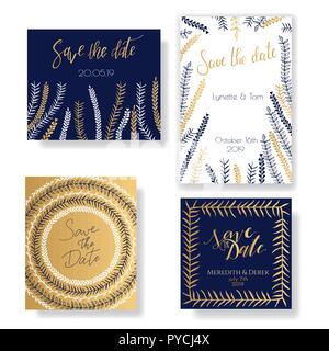 Golden, dunkel-blau und weiß Einladung Vorlagen Sammlung auf Hintergrund isoliert. Save the Date Karten mit Hand gezeichnet Dekoration. Stock Vektor