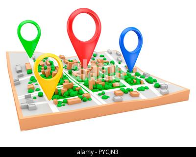 Paßstifte auf Stadtplan, Illustration. Stockfoto