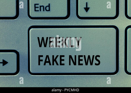 Text Zeichen zeigt Wöchentlich gefälschte Nachrichten. Konzeptionelle Foto ungenau, SENSATIONALISTIC Bericht, der erstellt wird, zu gewinnen. Stockfoto