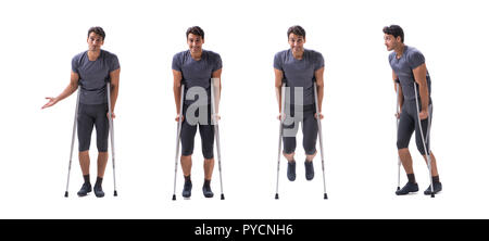 Junge Patientin Sportler Sportler leiden eine Verletzung Trauma mit Krücken isoliert auf weißem Stockfoto