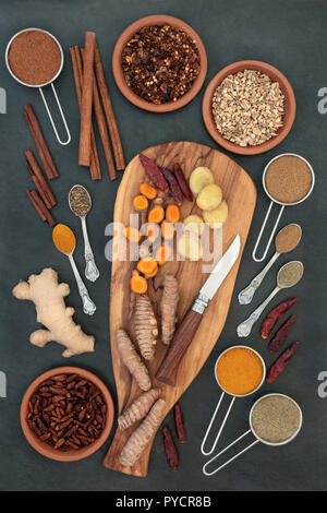 Gewürze für abnehmen und Gewichtsreduktion mit frischen und getrockneten Kurkuma, Kreuzkümmel, Ingwer, Chili, Zimt und Gymnema Sylvestre verwendet, den Appetit zu unterdrücken. Stockfoto