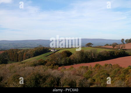 Berry Pomeroy, Devon, England: Ein Bauernhaus auf einem Hügel, Felder, Wälder und Dartmoor-Nationalpark im Hintergrund Stockfoto