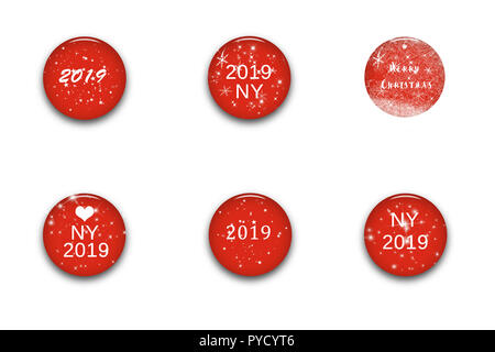 Frohe Weihnachten und neues Jahr 2019 festliche Design runde rote Glas Tasten mit snoflakes auf weißem Hintergrund. 3D-Darstellung Stockfoto
