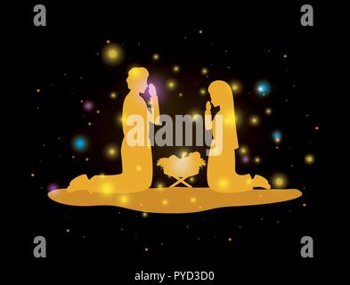 Weihnachtskarte mit heilige Familie Silhouette Stock Vektor