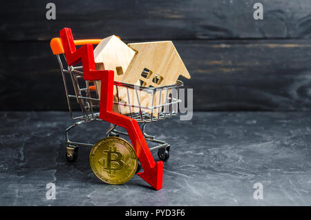 Ein Supermarkt Warenkorb mit Häusern und bitcoin und ein roter Pfeil nach unten. Fallende wert Bitcoin und der Unzuverlässigkeit der langfristigen Investitionen. Instabile curren Stockfoto