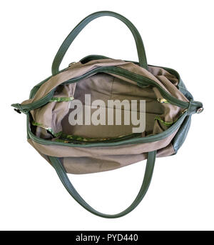 Ansicht von oben öffnen Leer handgefertigte Textilien und Leder casual Bag schneiden Sie auf weißem Hintergrund Stockfoto