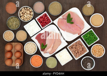 Body building Gesundheit Nahrung mit hohem Proteingehalt mageres Hühnchen, Steak und Schweinefleisch, Fleisch, Milchprodukte, zu ergänzen, zu Pulver, Hülsenfrüchte, Nüsse, Samen, Getreide, Getreide, Ginkgo Stockfoto