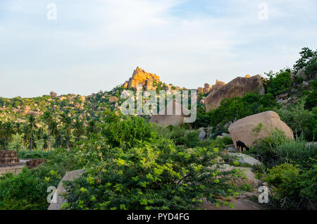 Riesige Felsbrocken balancieren prekär in der Nähe der Basis der Matanga Hill, Hampi, Karnataka, Indien über einander Stockfoto