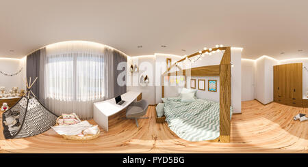 Virtuelle Realität, 360 Grad nahtloses Panorama. Kinderspielzimmer und Schlafzimmer im skandinavischen Stil Stockfoto