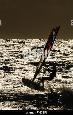 Les Arqueirons, Frankreich, Jan. 30, 2015 Windsurfer in der Abendsonne in der Camargue Stockfoto