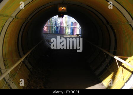 Fussgänger und radfahrende Tunnel unter der Metra Eisenbahnschienen als sichere Passage für Kinder und Erwachsene. Stockfoto