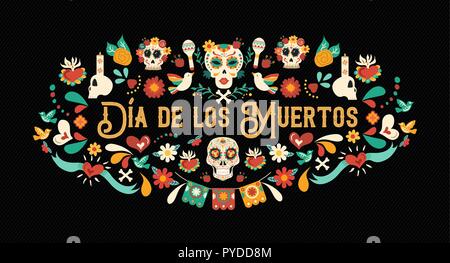 Tag der Toten Grußkarte Abbildung in spanischer Sprache für traditionelle mexikanische Kultur urlaub Feier mit Zucker Schädel und Mexiko Decora Stock Vektor